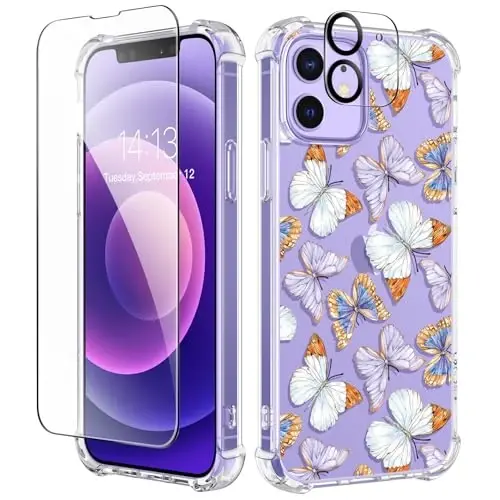 GVIEWIN for iPhone 12&iPhone 12 Pro Case Floral, with Screen Protector&Camera Lens Protector,[Non Yellowing] Soft Shockproof Clear Phone Protective Cover for Women, Flower Pattern 6.1