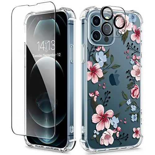 GVIEWIN for iPhone 12&iPhone 12 Pro Case Floral, with Screen Protector&Camera Lens Protector,[Non Yellowing] Soft Shockproof Clear Phone Protective Cover for Women, Flower Pattern 6.1