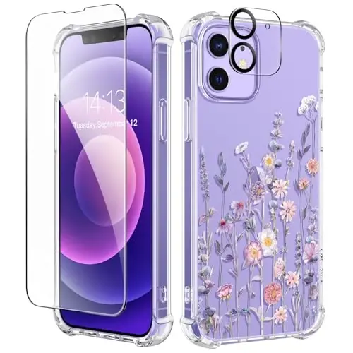 GVIEWIN for iPhone 12&iPhone 12 Pro Case Floral, with Screen Protector&Camera Lens Protector,[Non Yellowing] Soft Shockproof Clear Phone Protective Cover for Women, Flower Pattern 6.1
