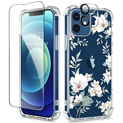GVIEWIN for iPhone 12&iPhone 12 Pro Case Floral, with Screen Protector&Camera Lens Protector,[Non Yellowing] Soft Shockproof Clear Phone Protective Cover for Women, Flower Pattern 6.1