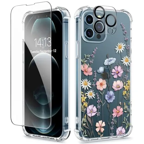 GVIEWIN for iPhone 12&iPhone 12 Pro Case Floral, with Screen Protector&Camera Lens Protector,[Non Yellowing] Soft Shockproof Clear Phone Protective Cover for Women, Flower Pattern 6.1