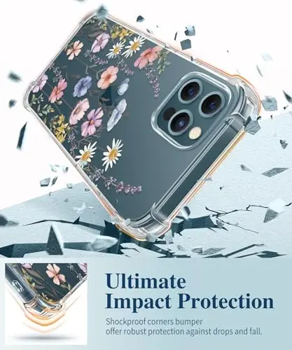 GVIEWIN for iPhone 12&iPhone 12 Pro Case Floral, with Screen Protector&Camera Lens Protector,[Non Yellowing] Soft Shockproof Clear Phone Protective Cover for Women, Flower Pattern 6.1