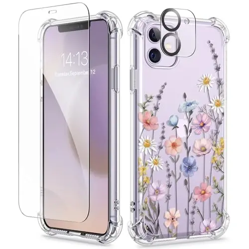GVIEWIN for iPhone 11 Case Floral, with Screen Protector&Camera Lens Protector,[Non Yellowing] Soft Shockproof Clear Phone Protective Cover for Women, Flower Pattern Design 6.1