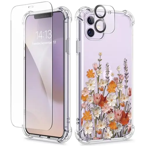GVIEWIN for iPhone 12&iPhone 12 Pro Case Floral, with Screen Protector&Camera Lens Protector,[Non Yellowing] Soft Shockproof Clear Phone Protective Cover for Women, Flower Pattern 6.1