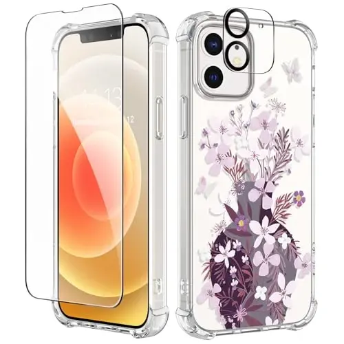 GVIEWIN for iPhone 12&iPhone 12 Pro Case Floral, with Screen Protector&Camera Lens Protector,[Non Yellowing] Soft Shockproof Clear Phone Protective Cover for Women, Flower Pattern 6.1