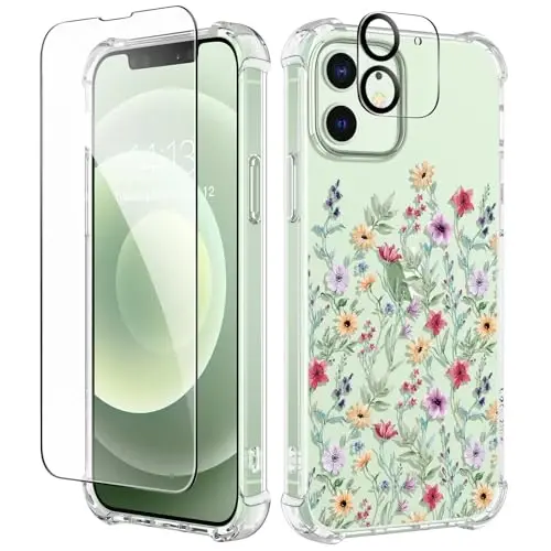GVIEWIN for iPhone 12&iPhone 12 Pro Case Floral, with Screen Protector&Camera Lens Protector,[Non Yellowing] Soft Shockproof Clear Phone Protective Cover for Women, Flower Pattern 6.1