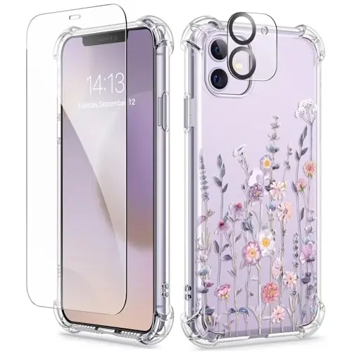 GVIEWIN for iPhone 11 Case Floral, with Screen Protector&Camera Lens Protector,[Non Yellowing] Soft Shockproof Clear Phone Protective Cover for Women, Flower Pattern Design 6.1