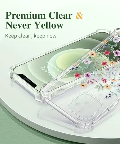 GVIEWIN for iPhone 12&iPhone 12 Pro Case Floral, with Screen Protector&Camera Lens Protector,[Non Yellowing] Soft Shockproof Clear Phone Protective Cover for Women, Flower Pattern 6.1