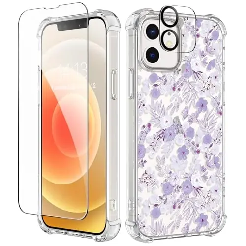 GVIEWIN for iPhone 12&iPhone 12 Pro Case Floral, with Screen Protector&Camera Lens Protector,[Non Yellowing] Soft Shockproof Clear Phone Protective Cover for Women, Flower Pattern 6.1