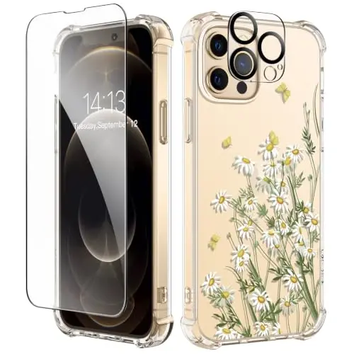 GVIEWIN for iPhone 12&iPhone 12 Pro Case Floral, with Screen Protector&Camera Lens Protector,[Non Yellowing] Soft Shockproof Clear Phone Protective Cover for Women,Flower Pattern 6.1