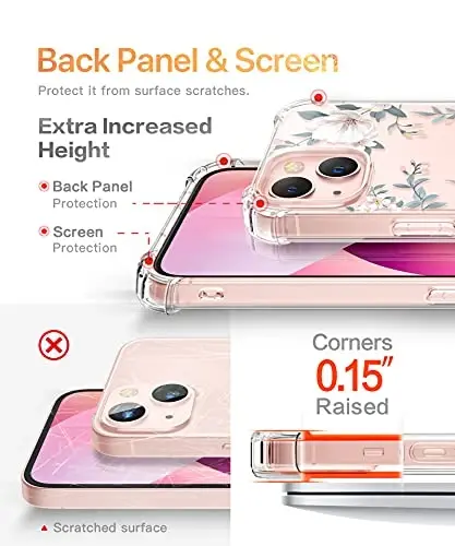GVIEWIN for iPhone 13 Case Floral, Screen Protector & Camera Lens Protector | Non Yellowing, Soft Shockproof Clear Protective Phone Cover for Women, Flower Pattern Design 6.1