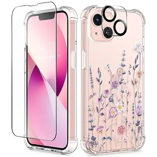GVIEWIN for iPhone 13 Case Floral, with Screen Protector&Camera Lens Protector,[Non Yellowing] Soft Shockproof Clear Phone Protective Cover for Women, Flower Pattern Design 6.1