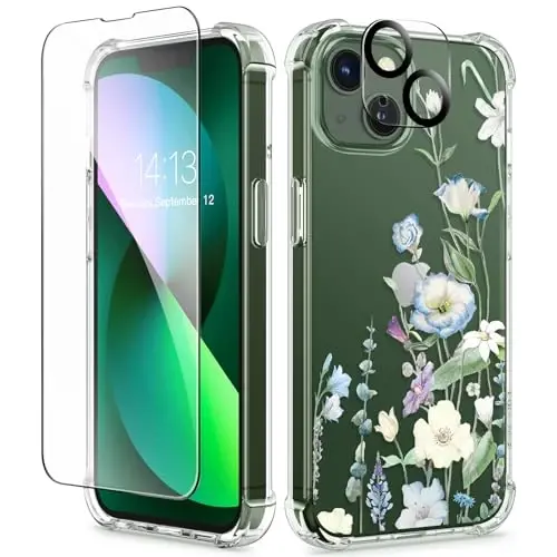 GVIEWIN for iPhone 13 Case Floral, with Screen Protector&Camera Lens Protector,[Non Yellowing] Soft Shockproof Clear Phone Protective Cover for Women, Flower Pattern Design 6.1