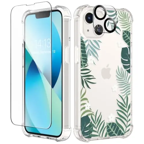 GVIEWIN for iPhone 13 Case Floral, with Screen Protector&Camera Lens Protector,[Non Yellowing] Soft Shockproof Clear Phone Protective Cover for Women, Flower Pattern Design 6.1