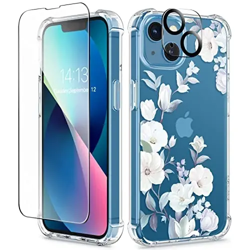 GVIEWIN for iPhone 13 Case Floral, with Screen Protector&Camera Lens Protector,[Non Yellowing] Soft Shockproof Clear Phone Protective Cover for Women, Flower Pattern Design 6.1