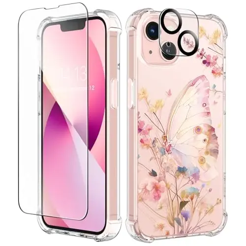 GVIEWIN for iPhone 13 Case Floral, with Screen Protector&Camera Lens Protector,[Non Yellowing] Soft Shockproof Clear Phone Protective Cover for Women, Flower Pattern Design 6.1