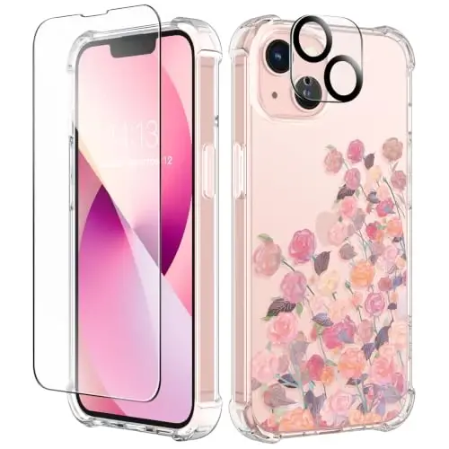 GVIEWIN for iPhone 13 Case Floral, with Screen Protector&Camera Lens Protector,[Non Yellowing] Soft Shockproof Clear Phone Protective Cover for Women, Flower Pattern Design 6.1