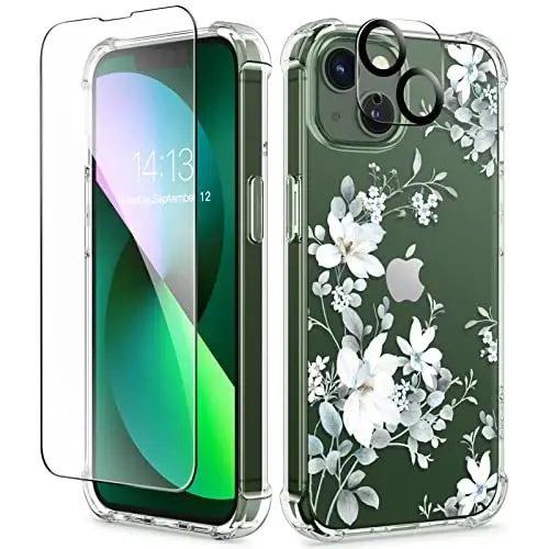 GVIEWIN for iPhone 13 Case Floral, with Screen Protector&Camera Lens Protector,[Non Yellowing] Soft Shockproof Clear Phone Protective Cover for Women, Flower Pattern Design 6.1