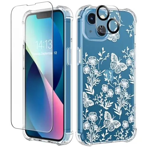 GVIEWIN for iPhone 13 Case Floral, with Screen Protector&Camera Lens Protector,[Non Yellowing] Soft Shockproof Clear Phone Protective Cover for Women, Flower Pattern Design 6.1