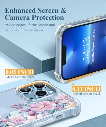 GVIEWIN for iPhone 13 Pro Case Floral, with Screen Protector&Camera Lens Protector,[Non Yellowing] Soft Shockproof Clear Phone Protective Cover for Women, Flower Pattern Design 6.1