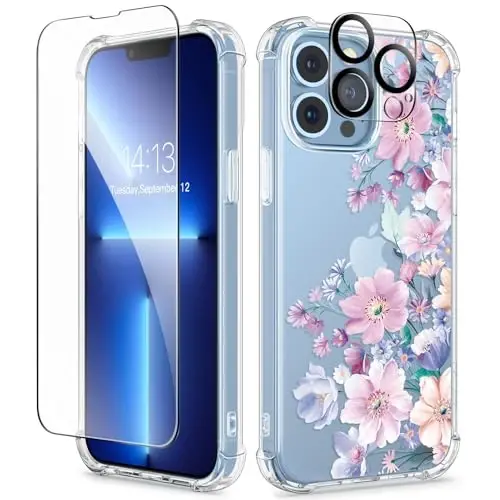 GVIEWIN for iPhone 13 Pro Case Floral, with Screen Protector&Camera Lens Protector,[Non Yellowing] Soft Shockproof Clear Phone Protective Cover for Women, Flower Pattern Design 6.1