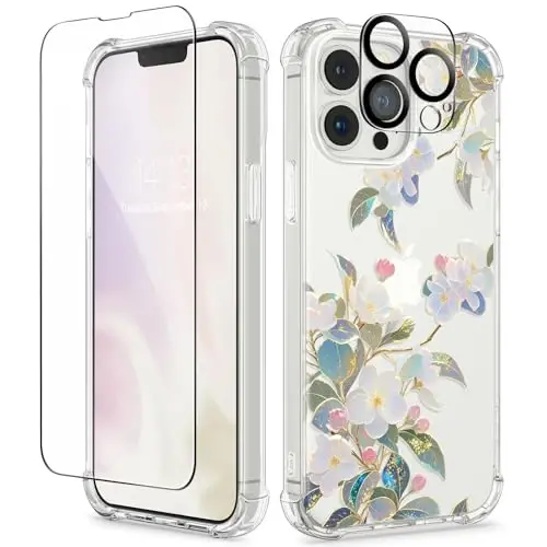 GVIEWIN for iPhone 13 Pro Case Floral, with Screen Protector&Camera Lens Protector,[Non Yellowing] Soft Shockproof Clear Phone Protective Cover for Women, Flower Pattern Design 6.1