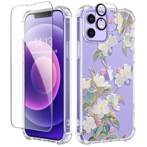 GVIEWIN for iPhone 12&iPhone 12 Pro Case Floral, with Screen Protector&Camera Lens Protector,[Non Yellowing] Soft Shockproof Clear Phone Protective Cover for Women,Flower Pattern 6.1