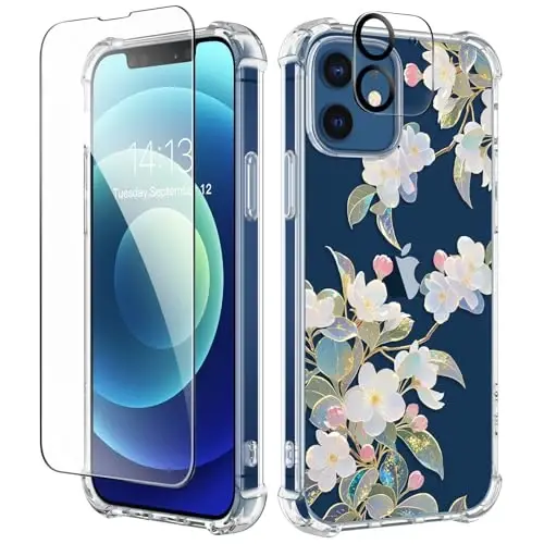 GVIEWIN for iPhone 12&iPhone 12 Pro Case Floral, with Screen Protector&Camera Lens Protector,[Non Yellowing] Soft Shockproof Clear Phone Protective Cover for Women,Flower Pattern 6.1