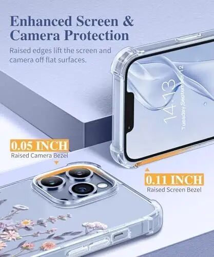 GVIEWIN for iPhone 13 Pro Case Floral, with Screen Protector&Camera Lens Protector,[Non Yellowing] Soft Shockproof Clear Phone Protective Cover for Women, Flower Pattern Design 6.1