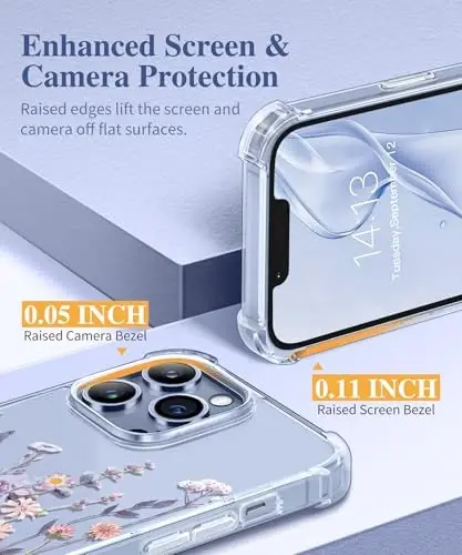 GVIEWIN for iPhone 13 Pro Case Floral, with Screen Protector&Camera Lens Protector,[Non Yellowing] Soft Shockproof Clear Phone Protective Cover for Women, Flower Pattern Design 6.1