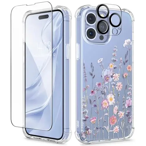 GVIEWIN for iPhone 13 Pro Case Floral, with Screen Protector&Camera Lens Protector,[Non Yellowing] Soft Shockproof Clear Phone Protective Cover for Women, Flower Pattern Design 6.1