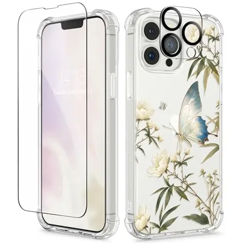 GVIEWIN for iPhone 13 Pro Case Floral, with Screen Protector&Camera Lens Protector,[Non Yellowing] Soft Shockproof Clear Phone Protective Cover for Women, Flower Pattern Design 6.1