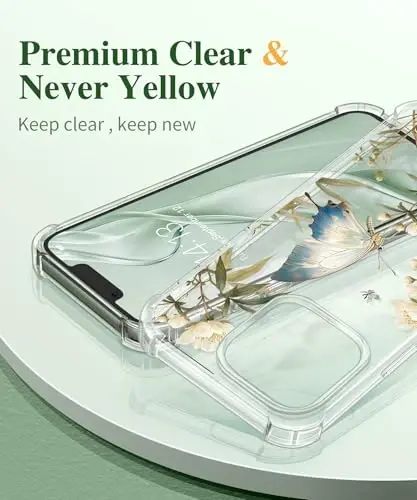 GVIEWIN for iPhone 13 Pro Case Floral, with Screen Protector&Camera Lens Protector,[Non Yellowing] Soft Shockproof Clear Phone Protective Cover for Women, Flower Pattern Design 6.1