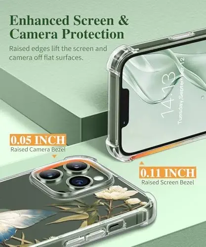 GVIEWIN for iPhone 13 Pro Case Floral, with Screen Protector&Camera Lens Protector,[Non Yellowing] Soft Shockproof Clear Phone Protective Cover for Women, Flower Pattern Design 6.1