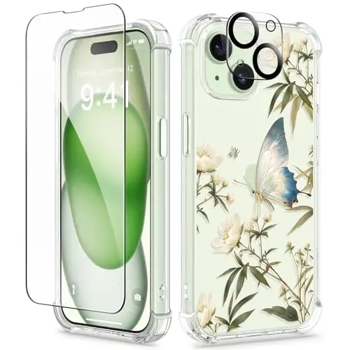 GVIEWIN for iPhone 15 Case Floral, with Screen Protector&Camera Lens Protector,[Non Yellowing] Soft Shockproof Clear Phone Protective Cover for Women, Flower Pattern Design 6.1