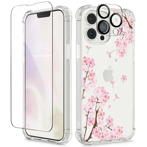 GVIEWIN for iPhone 13 Pro Case Floral, with Screen Protector&Camera Lens Protector,[Non Yellowing] Soft Shockproof Clear Phone Protective Cover for Women, Flower Pattern Design 6.1