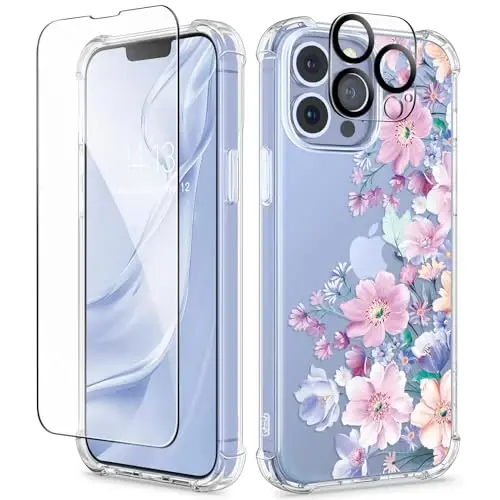 GVIEWIN for iPhone 13 Pro Max Case Floral, with Screen Protector&Camera Lens Protector,[Non Yellowing] Soft Shockproof Clear Phone Protective Cover for Women, Flower Pattern Design 6.7