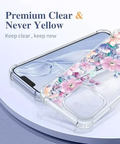 GVIEWIN for iPhone 13 Pro Max Case Floral, with Screen Protector&Camera Lens Protector,[Non Yellowing] Soft Shockproof Clear Phone Protective Cover for Women, Flower Pattern Design 6.7