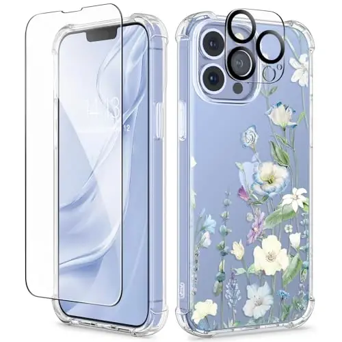 GVIEWIN for iPhone 13 Pro Max Case Floral, with Screen Protector&Camera Lens Protector,[Non Yellowing] Soft Shockproof Clear Phone Protective Cover for Women, Flower Pattern Design 6.7
