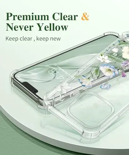 GVIEWIN for iPhone 13 Pro Max Case Floral, with Screen Protector&Camera Lens Protector,[Non Yellowing] Soft Shockproof Clear Phone Protective Cover for Women, Flower Pattern Design 6.7