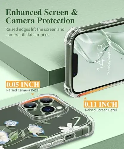 GVIEWIN for iPhone 13 Pro Max Case Floral, with Screen Protector&Camera Lens Protector,[Non Yellowing] Soft Shockproof Clear Phone Protective Cover for Women, Flower Pattern Design 6.7
