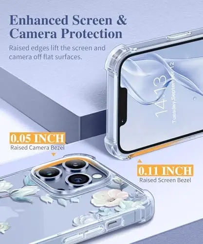 GVIEWIN for iPhone 13 Pro Max Case Floral, with Screen Protector&Camera Lens Protector,[Non Yellowing] Soft Shockproof Clear Phone Protective Cover for Women, Flower Pattern Design 6.7