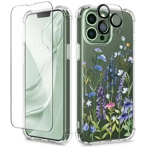 GVIEWIN for iPhone 13 Pro Max Case Floral, with Screen Protector&Camera Lens Protector,[Non Yellowing] Soft Shockproof Clear Phone Protective Cover for Women, Flower Pattern Design 6.7