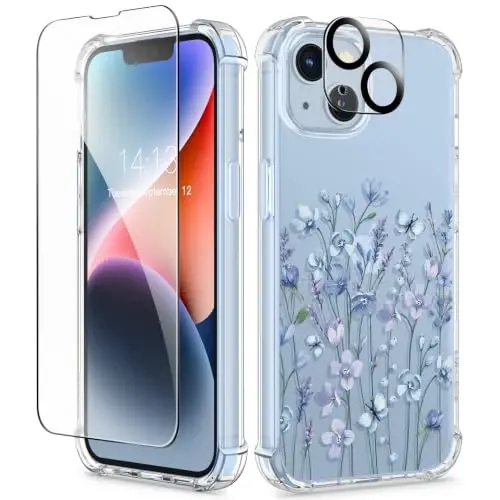 GVIEWIN for iPhone 14 Case Floral, Screen Protector & Camera Lens Protector | Non Yellowing, Soft Shockproof Clear Protective Phone Cover for Women, Flower Pattern Design 6.1