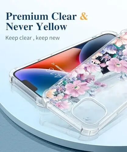 GVIEWIN for iPhone 14 Case Floral, Screen Protector & Camera Lens Protector | Non Yellowing, Soft Shockproof Clear Protective Phone Cover for Women, Flower Pattern Design 6.1