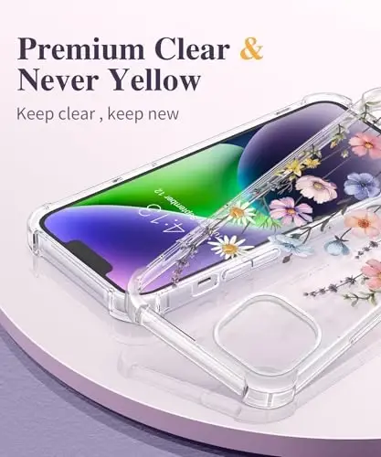 GVIEWIN for iPhone 14 Case Floral, with Screen Protector & Camera Lens Protector,[Non Yellowing] Soft Shockproof Clear Phone Protective Cover for Women, Flower Pattern Design 6.1