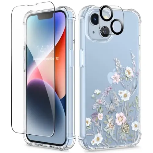 GVIEWIN for iPhone 14 Case Floral, with Screen Protector&Camera Lens Protector,[Non Yellowing] Soft Shockproof Clear Phone Protective Cover for Women, Flower Pattern Design 6.1