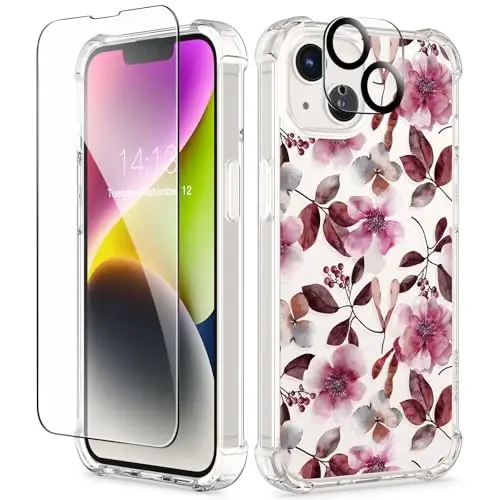 GVIEWIN for iPhone 14 Case Floral, with Screen Protector+Camera Lens Protector,[Non Yellowing] Soft Shockproof Clear Phone Protective Cover for Women, Flower Pattern Design 6.1