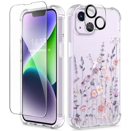 GVIEWIN for iPhone 14 Plus Case Floral, Screen Protector & Lens Protector | Non Yellowing, Soft Shockproof Clear Phone Protective Cover for Women, Flower Pattern Design 6.7