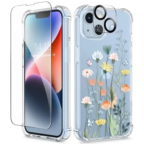 GVIEWIN for iPhone 14 Plus Case Floral, with Screen Protector&Camera Lens Protector,[Non Yellowing] Soft Shockproof Clear Phone Protective Cover Women, Flower Pattern Design 6.7